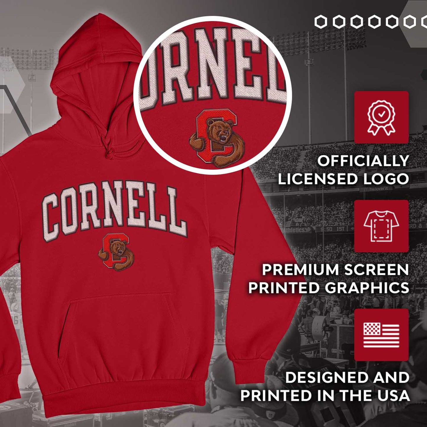 Cornell Big Red NCAA Adult Tackle Twill Hooded Sweatshirt - Red