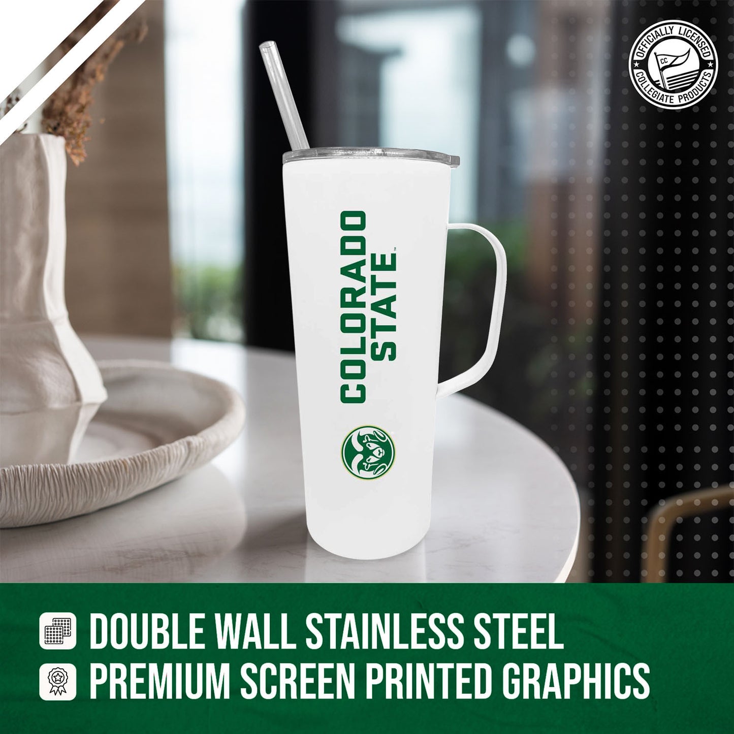 Colorado State Rams NCAA Stainless Steal 20oz Roadie With Handle & Dual Option Lid With Straw - White
