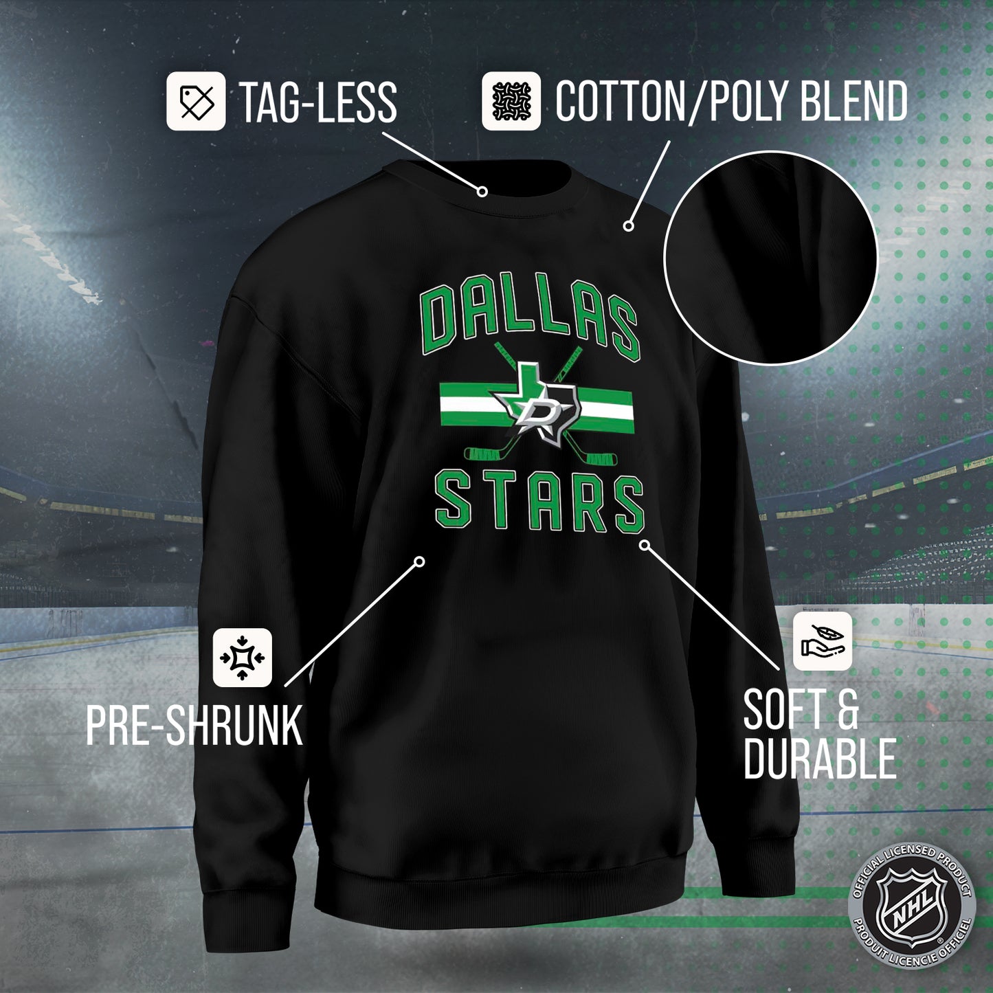 Dallas Stars Adult NHL Face Off Hockey Fleece Crewneck Sweatshirt - Black