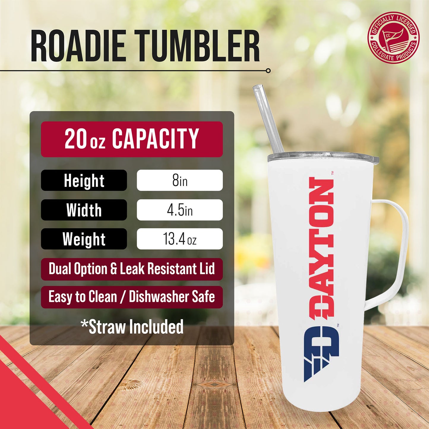 Dayton Flyers NCAA Stainless Steal 20oz Roadie With Handle & Dual Option Lid With Straw - White