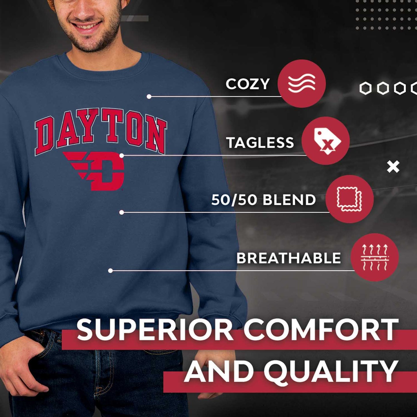 Dayton Flyers Adult Arch & Logo Soft Style Gameday Crewneck Sweatshirt - Navy