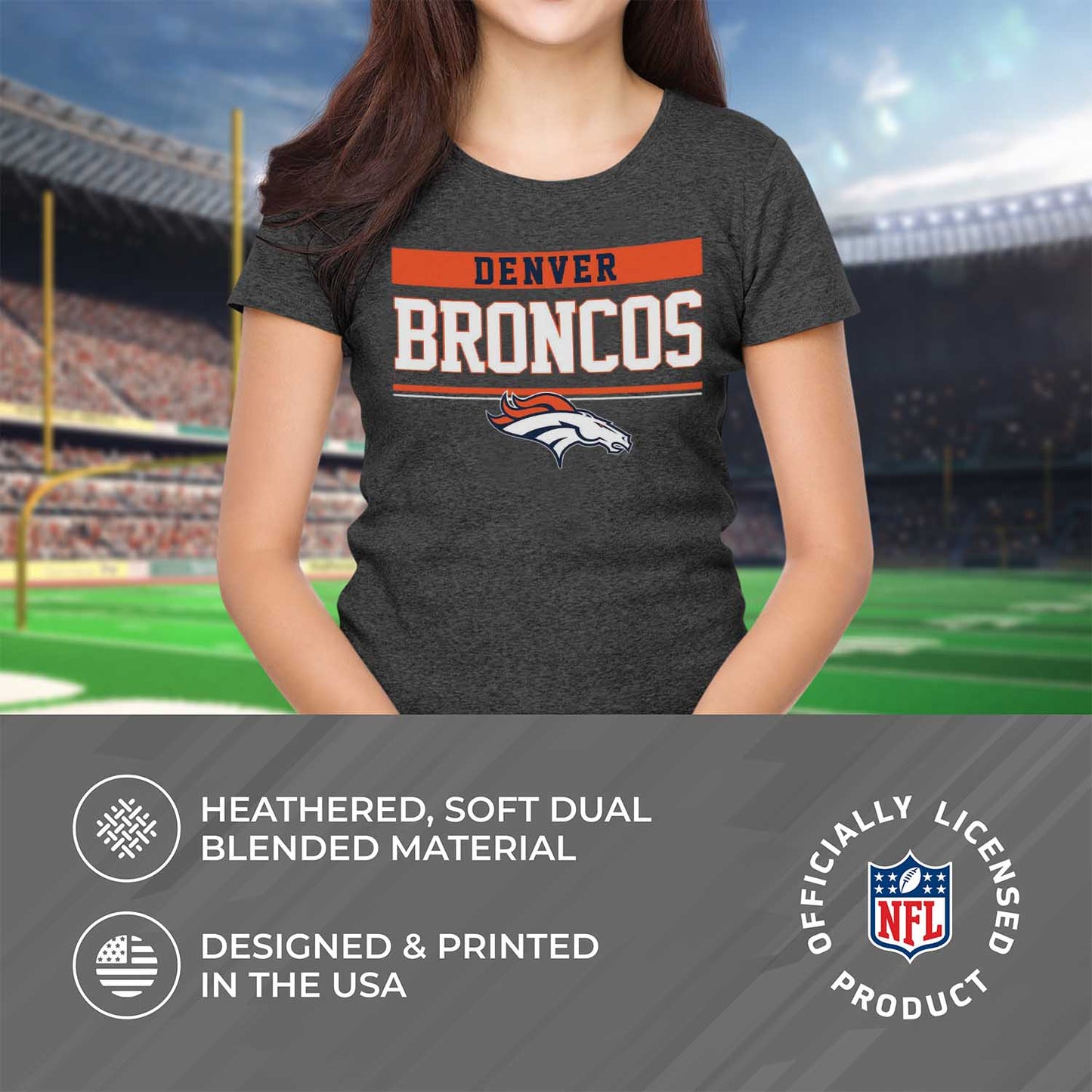 Denver Broncos NFL Women's Team Block Charcoal Tagless T-Shirt - Charcoal