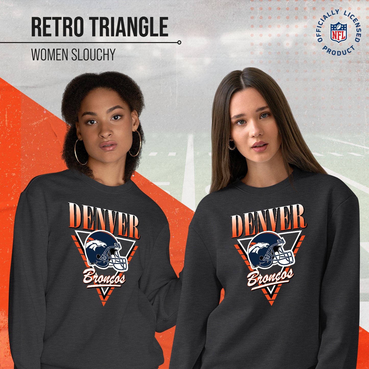 Denver Broncos NFL Womens Retro Triangle Slouchy Crewneck - Heather Charcoal