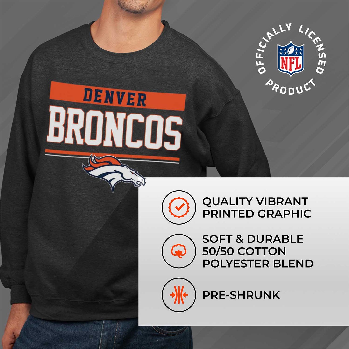 Denver Broncos NFL Adult Long Sleeve Team Block Charcoal Crewneck Sweatshirt - Charcoal