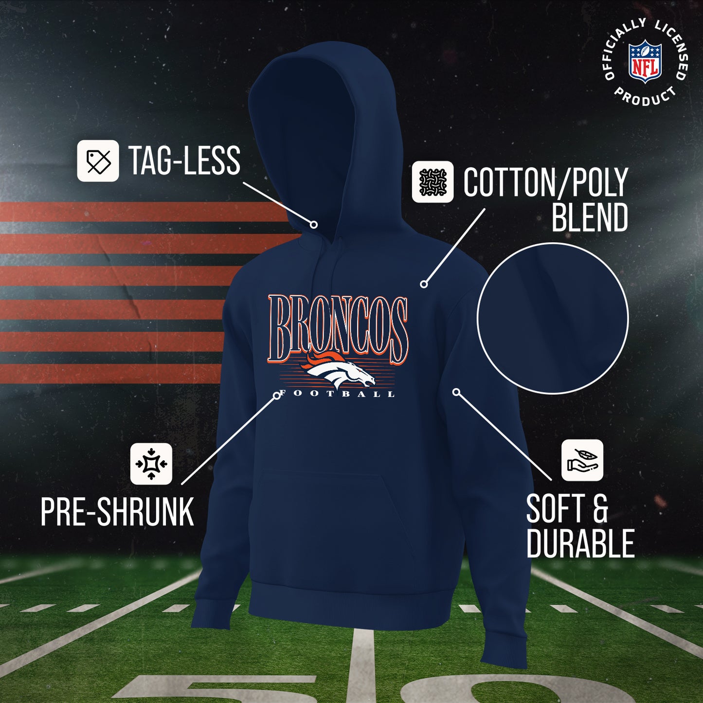 Denver Broncos NFL Adult Unisex Overtime Blueprint Soft Fleece Hooded Sweatshirt - Navy