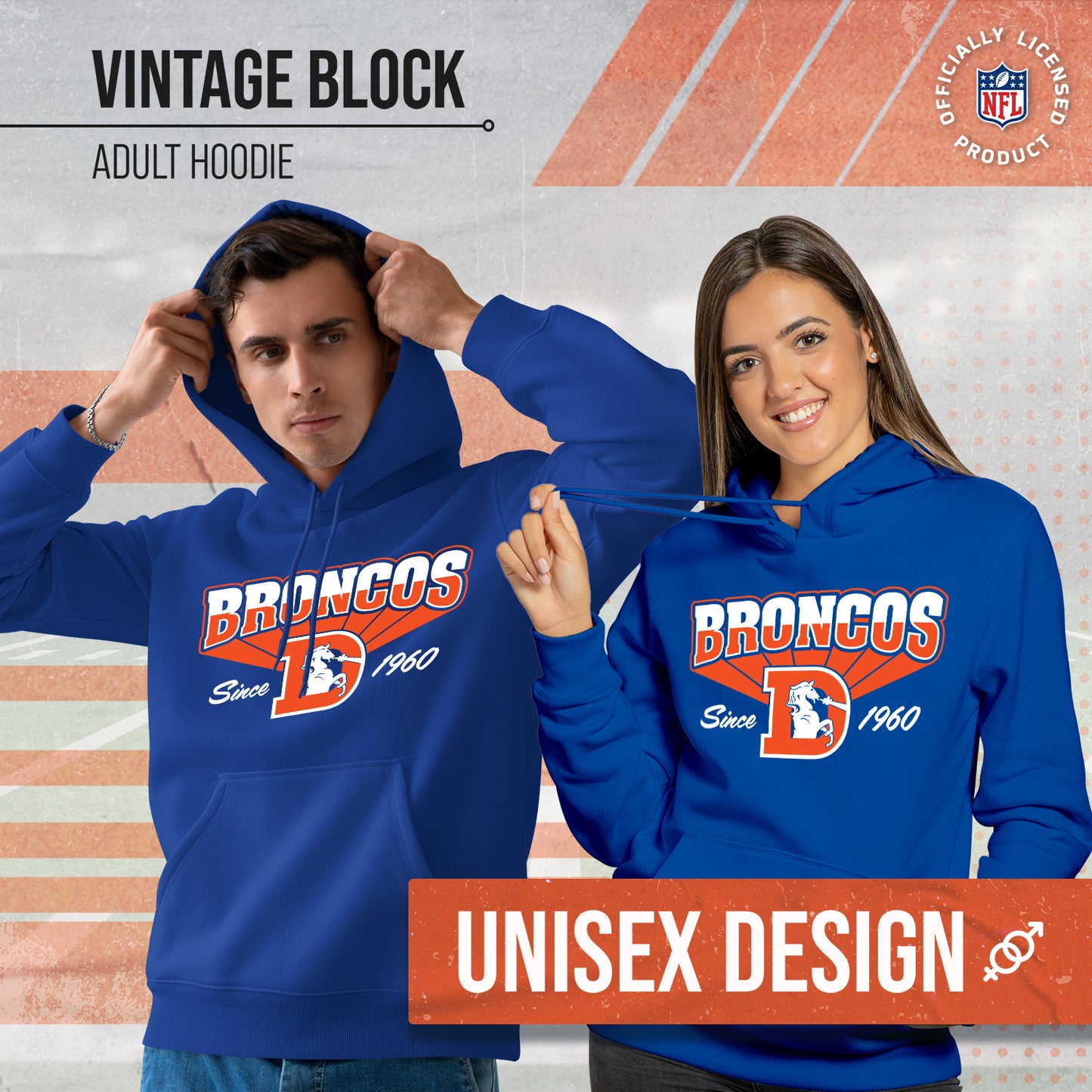 Denver Broncos NFL Adult Unisex Vintage Block Ultra Soft Fleece Hooded Sweatshirt - Royal