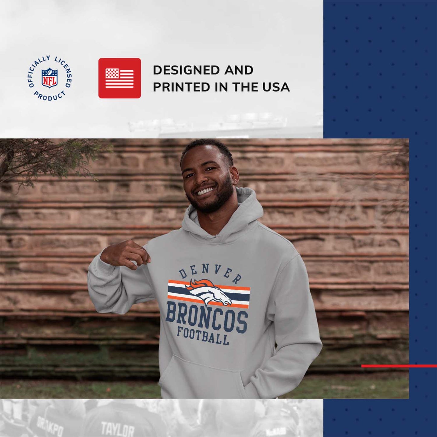 Denver Broncos NFL Team Stripe Hooded Sweatshirt- Soft Pullover Sports Hoodie For Men & Women - Sport Gray