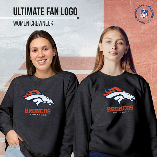 Denver Broncos Women's NFL Ultimate Fan Logo Slouchy Crewneck -Tagless Fleece Lightweight Pullover - Charcoal