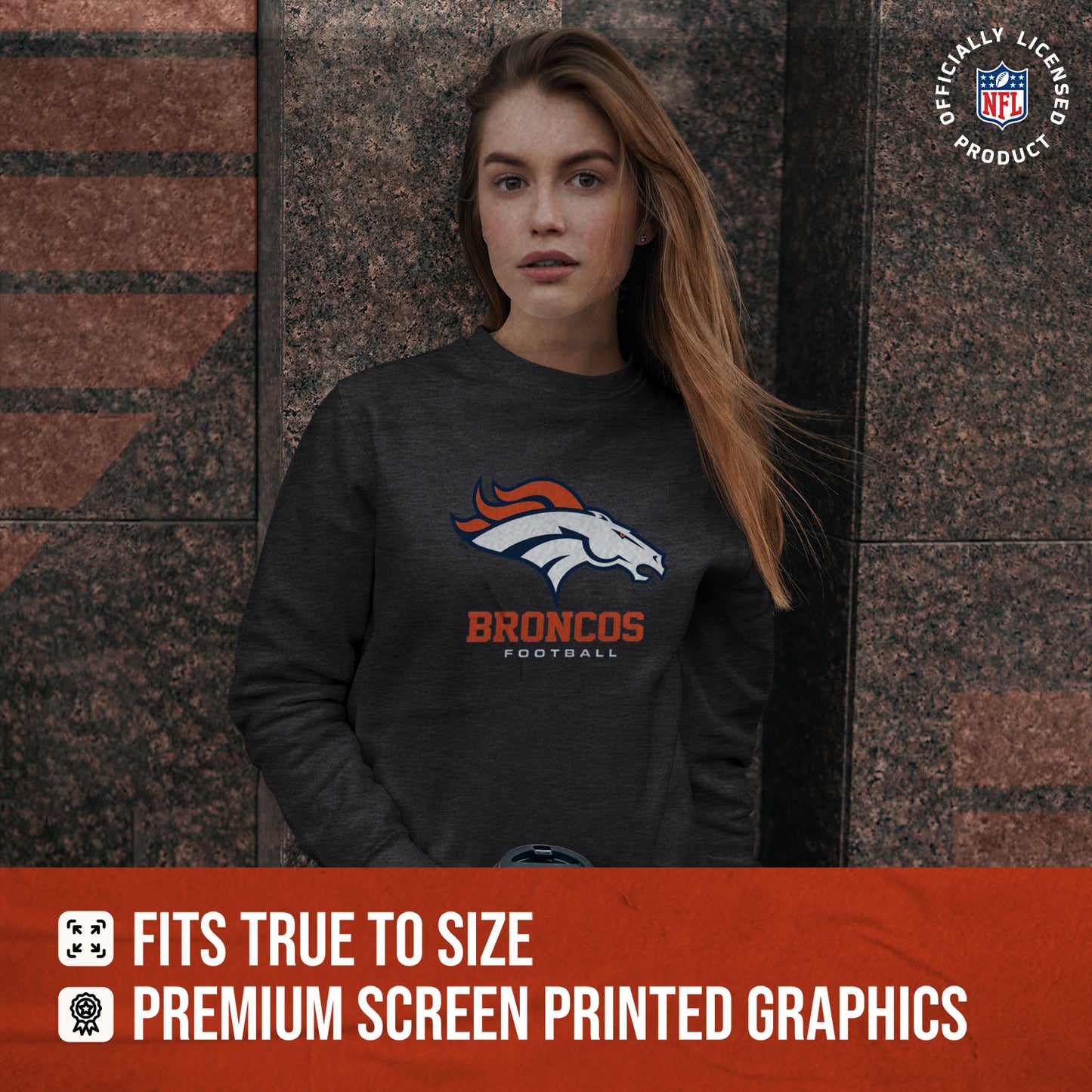 Denver Broncos Women's NFL Ultimate Fan Logo Slouchy Crewneck -Tagless Fleece Lightweight Pullover - Charcoal