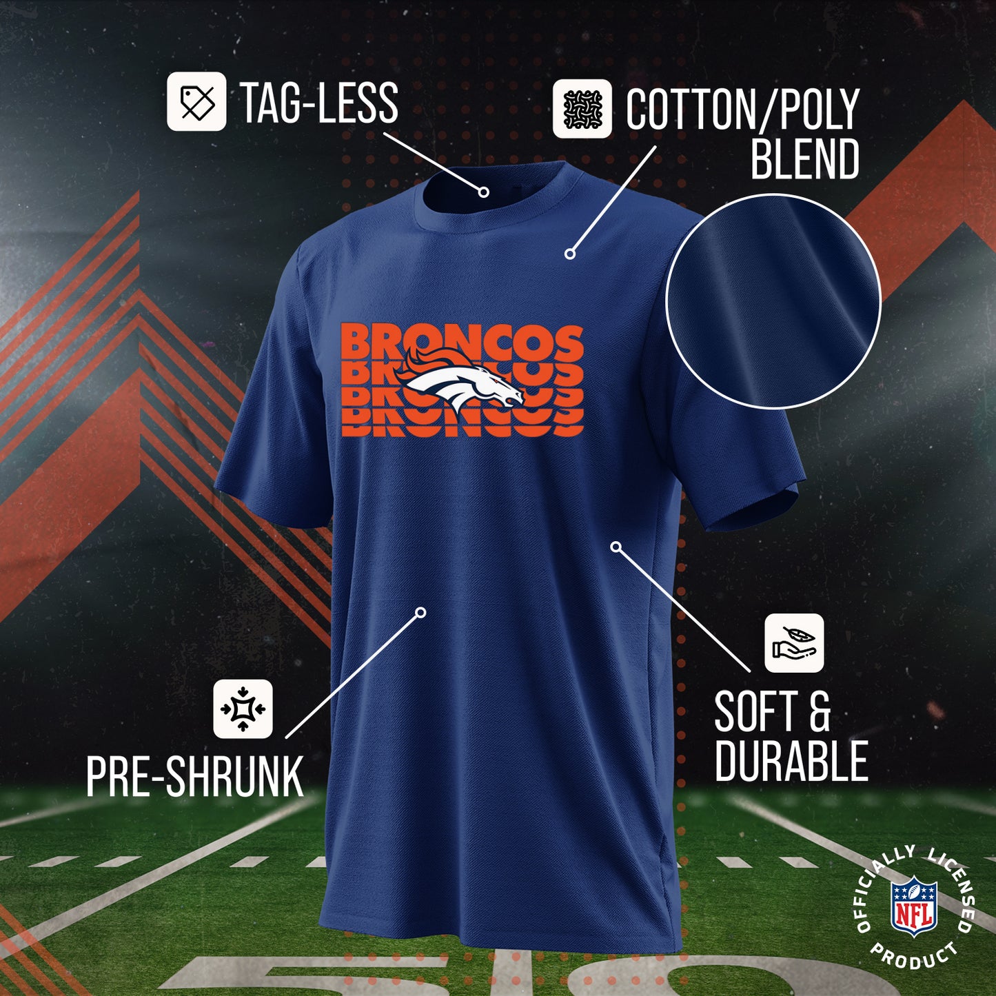 Denver Broncos NFL Youth Repeating Logo Football T-Shirt Unisex Tag Free Comfortable - Navy