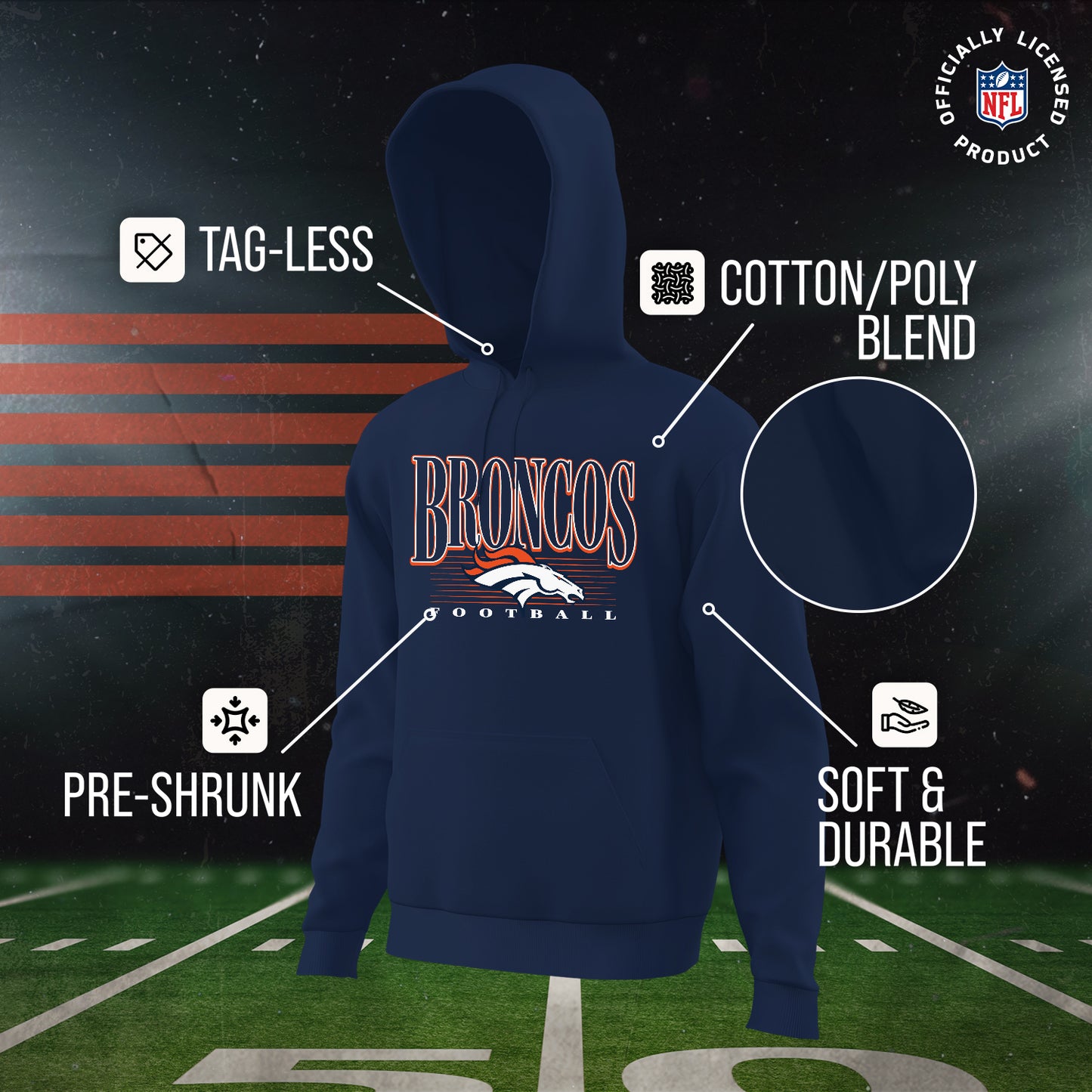 Denver Broncos NFL Youth Overtime Blueprint Football Fleece Hooded Sweatshirt - Navy