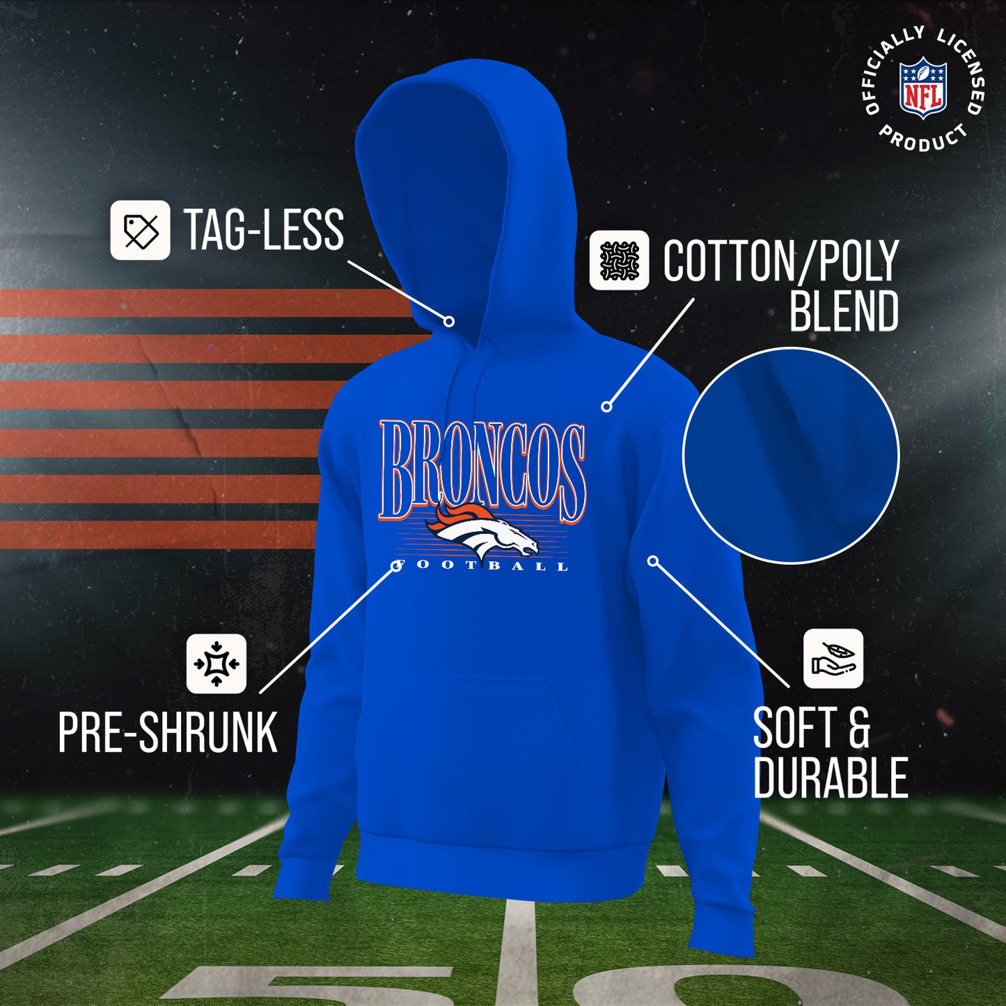 Denver Broncos NFL Youth Overtime Blueprint Football Fleece Hooded Sweatshirt - Royal