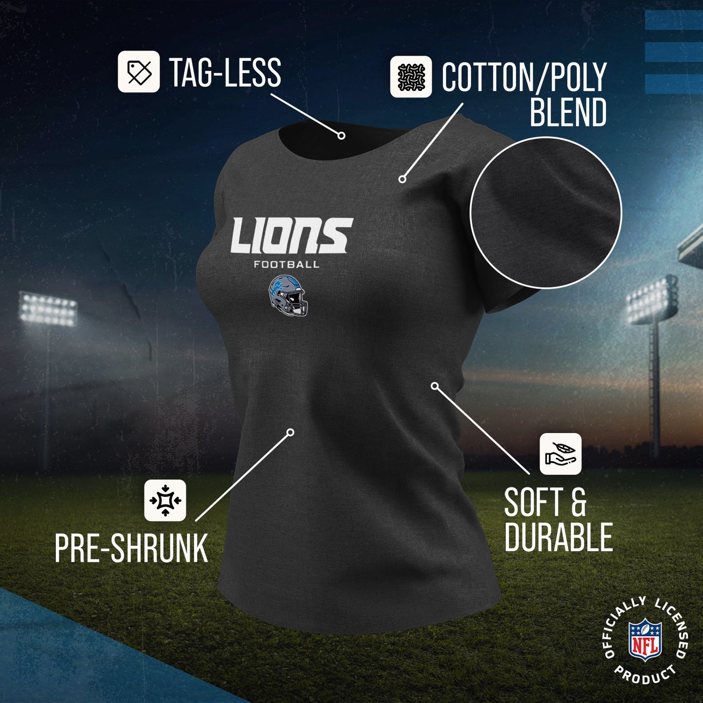 Detroit Lions Women's NFL Football Helmet Short Sleeve Tagless T-Shirt - Charcoal