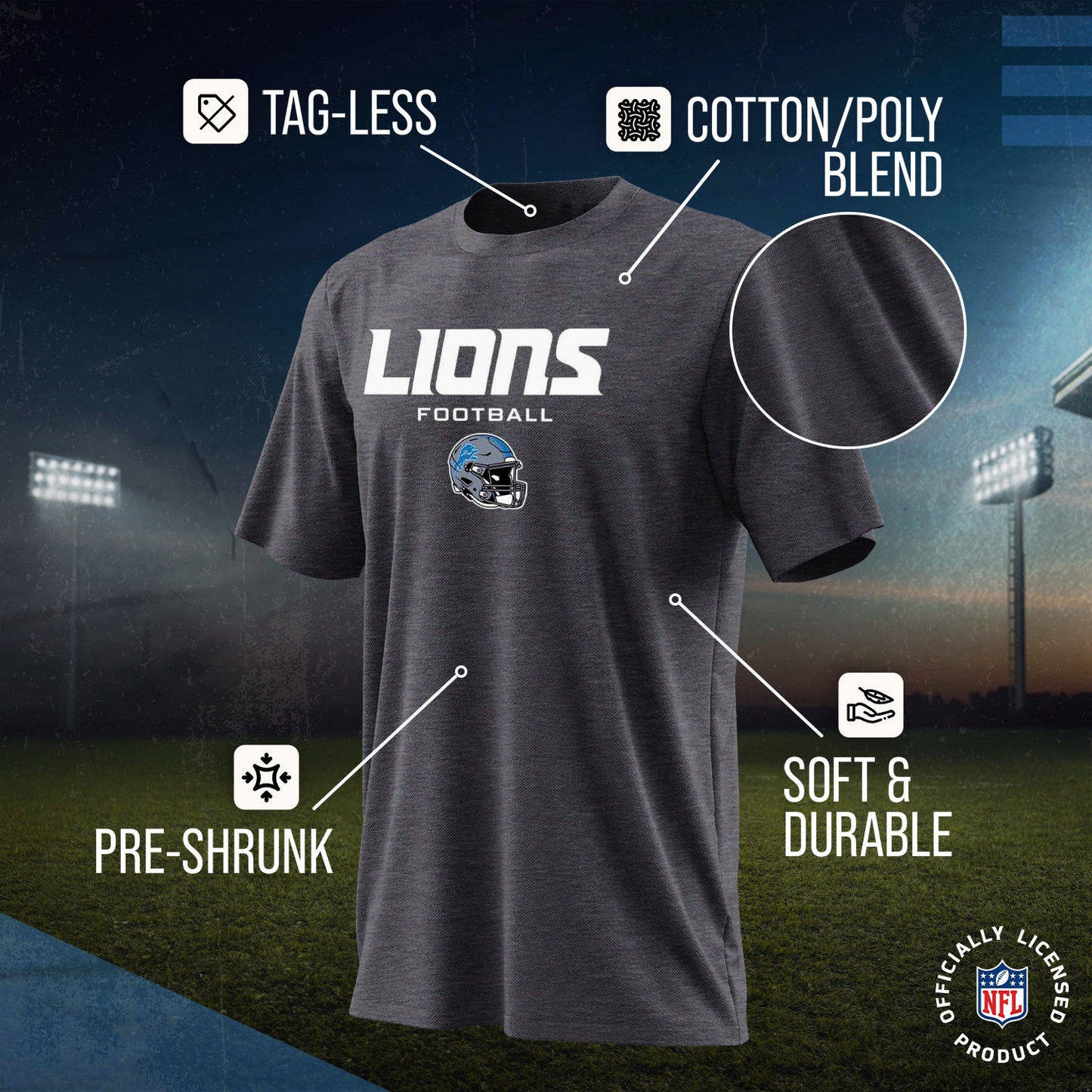 Detroit Lions NFL Youth Football Helmet Tagless T-Shirt - Charcoal