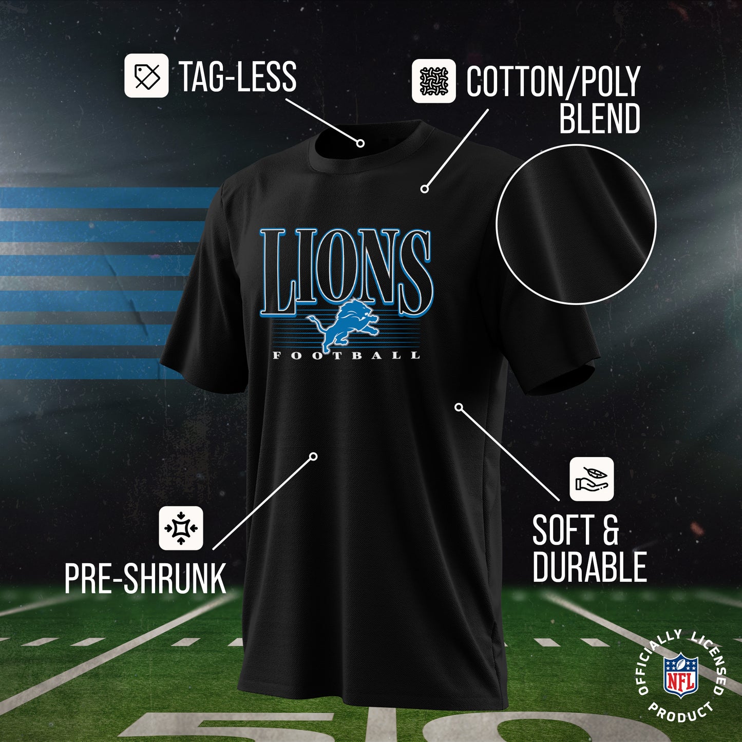 Detroit Lions NFL Adult Overtime Blueprint Tag-Less T-Shirt - Black