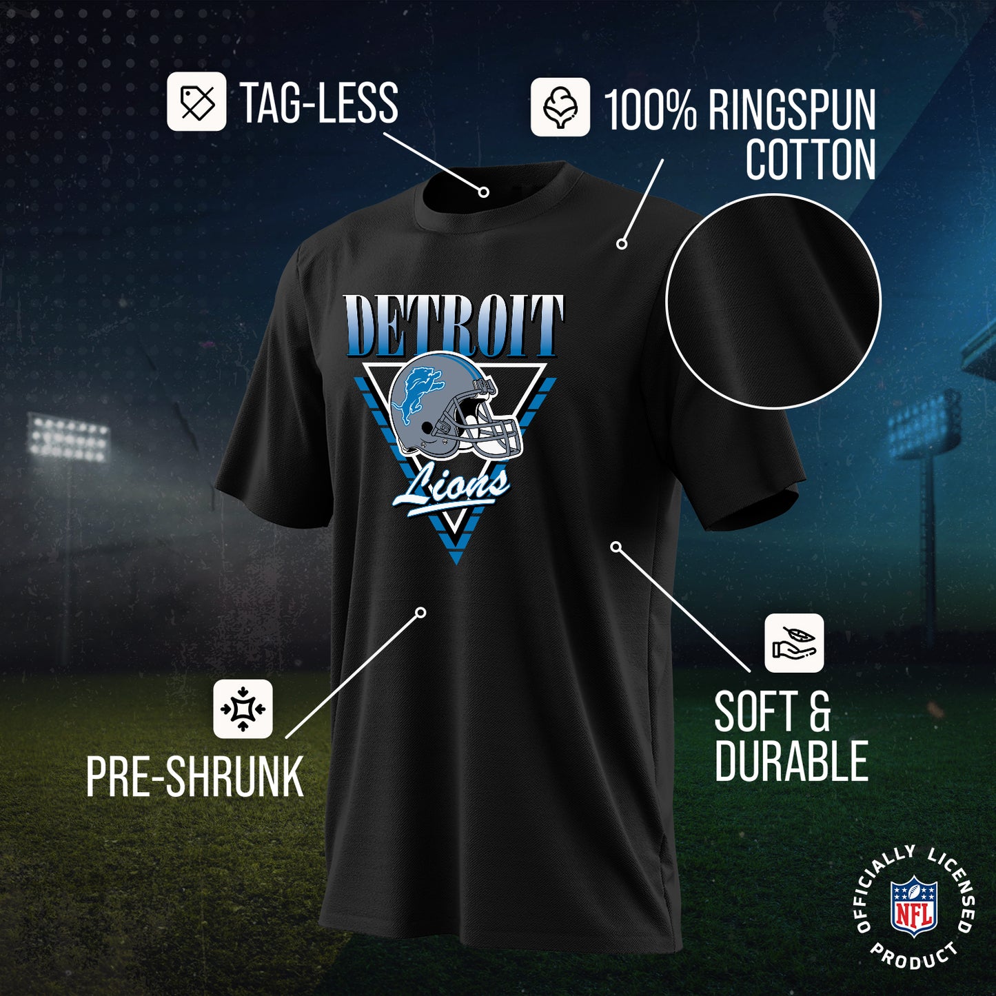 Detroit Lions NFL Adult Retro Triangle Unisex T-Shirt - Black