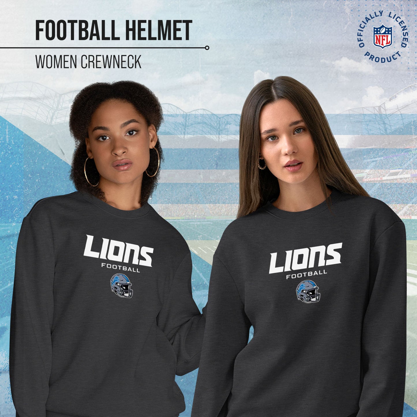 Detroit Lions Women's NFL Football Helmet Charcoal Slouchy Crewneck -Tagless Lightweight Pullover - Charcoal