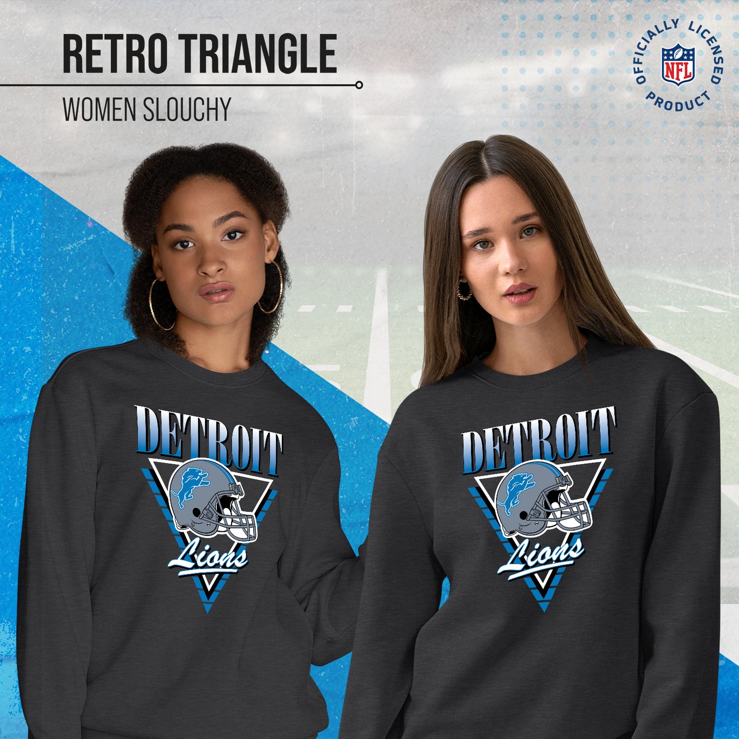 Detroit Lions NFL Womens Retro Triangle Slouchy Crewneck - Heather Charcoal