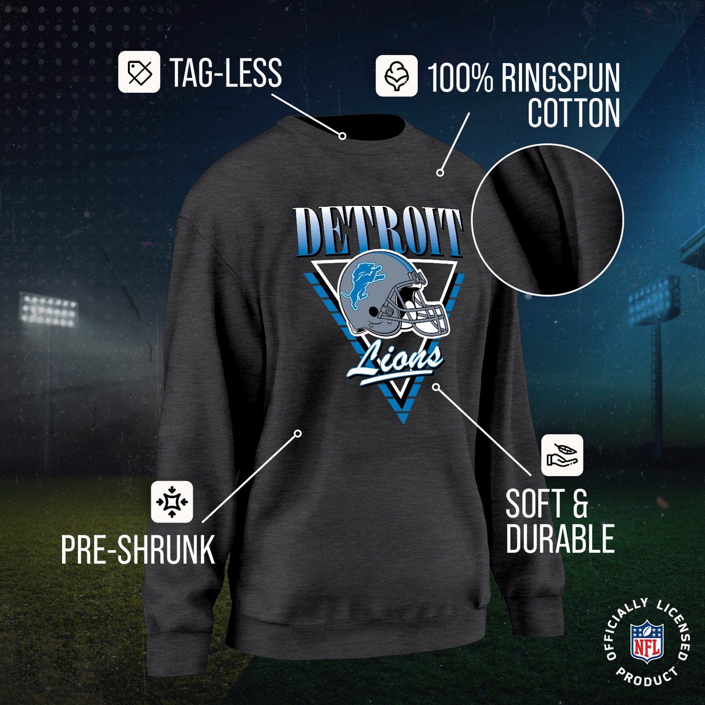 Detroit Lions NFL Womens Retro Triangle Slouchy Crewneck - Heather Charcoal