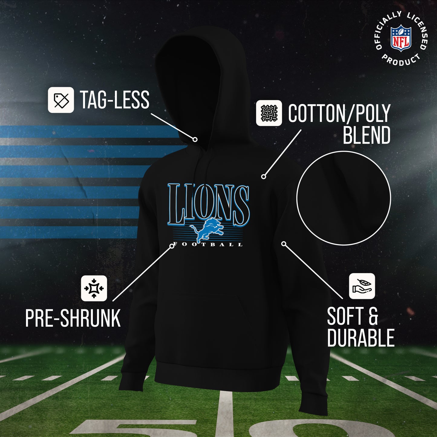 Detroit Lions NFL Adult Unisex Overtime Blueprint Soft Fleece Hooded Sweatshirt - Black