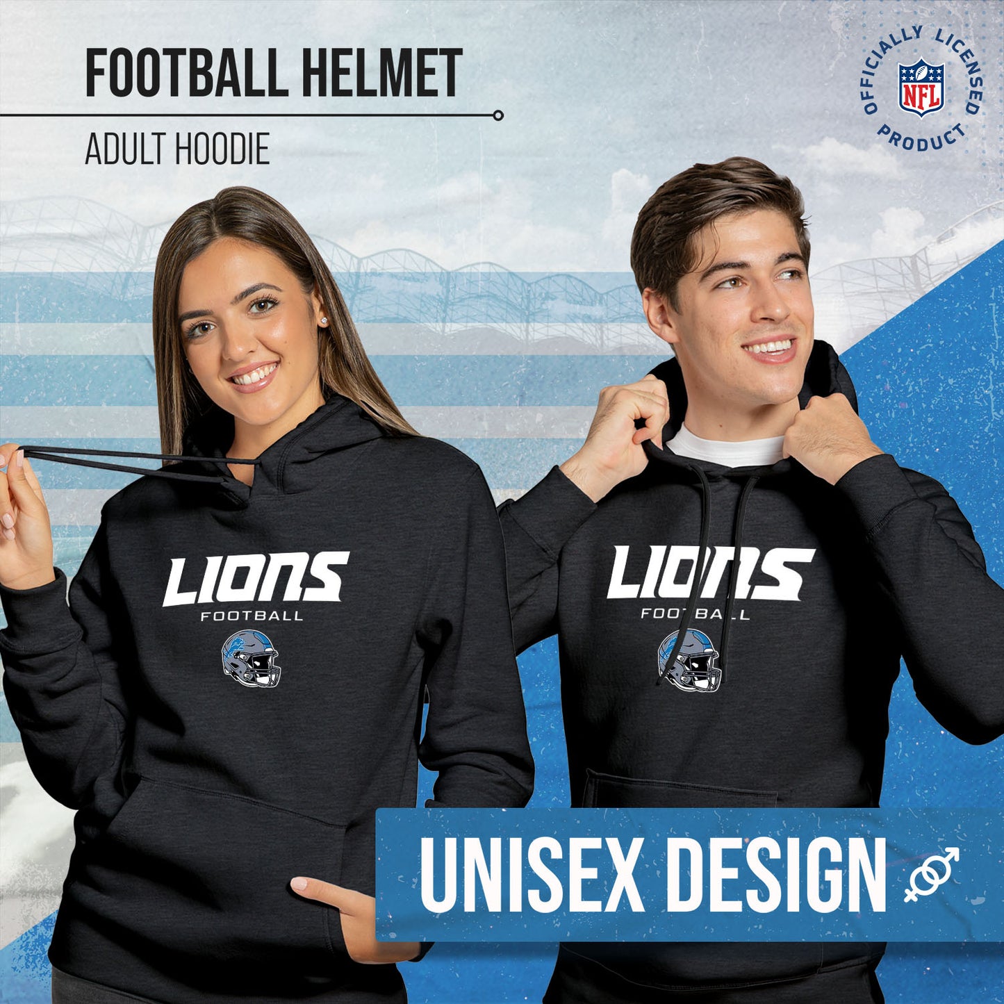 Detroit Lions Adult NFL Football Helmet Heather Hooded Sweatshirt  - Charcoal