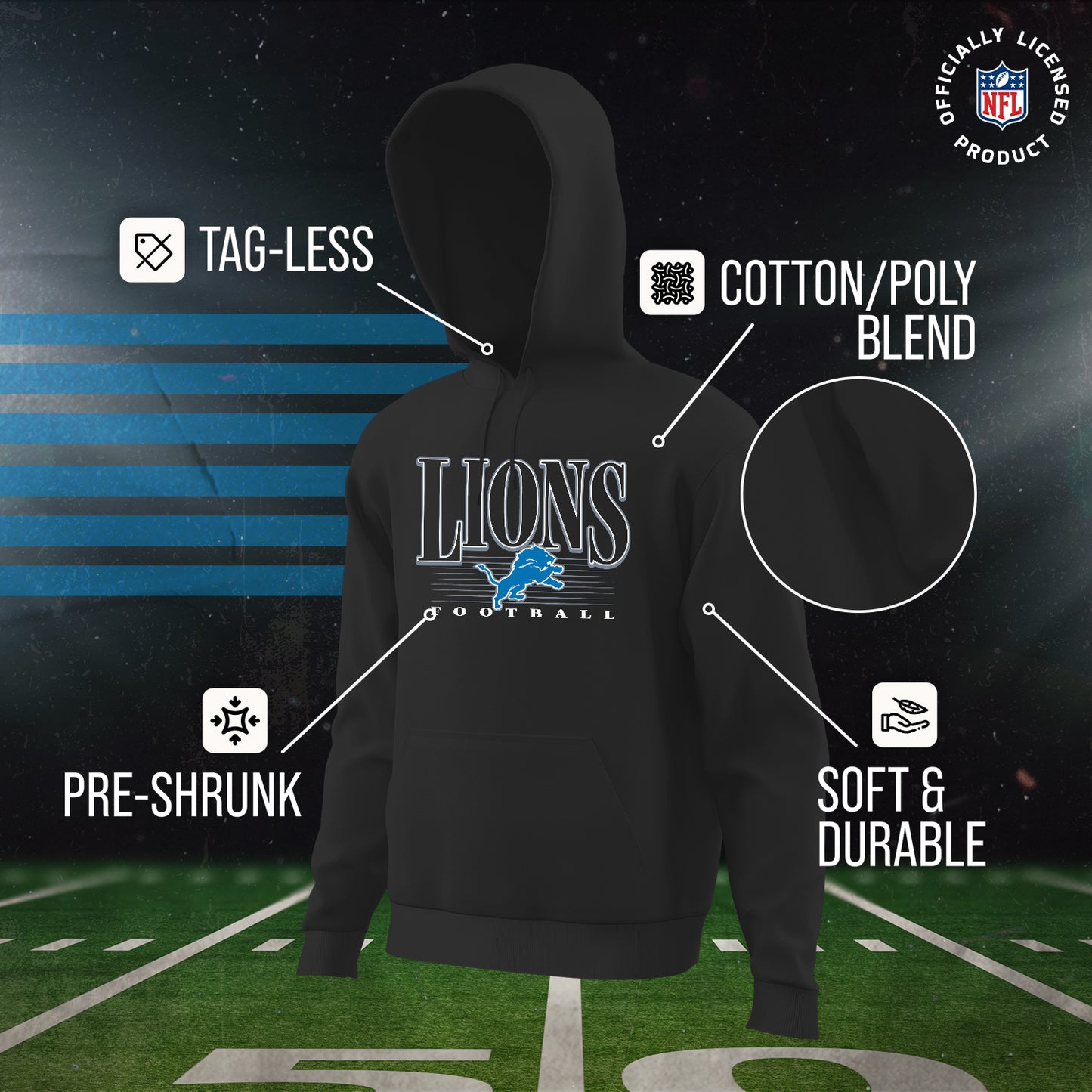 Detroit Lions NFL Youth Overtime Blueprint Football Fleece Hooded Sweatshirt - Black