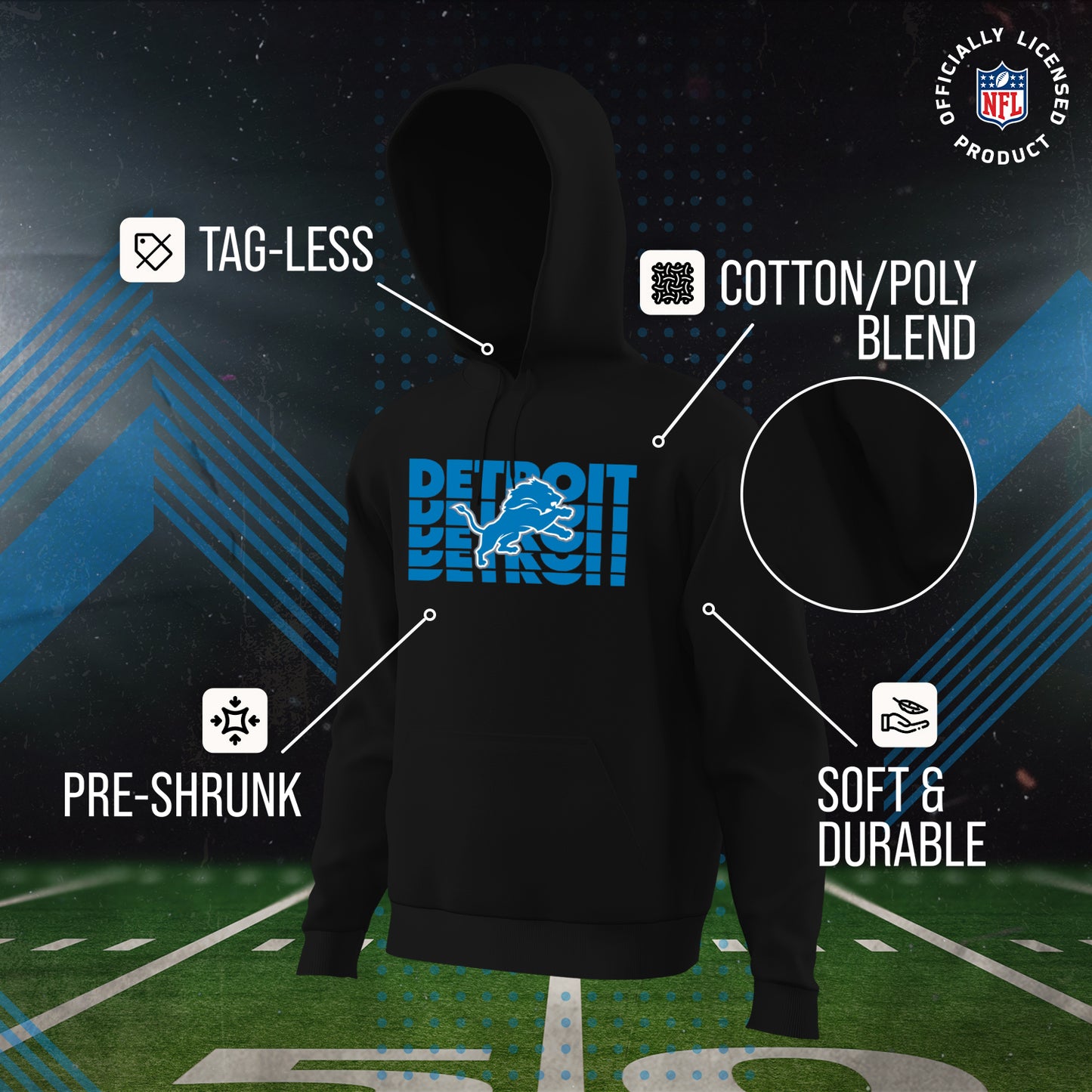 Detroit Lions NFL Youth Repeating Logo Football Fleece Hooded Sweatshirt - Black