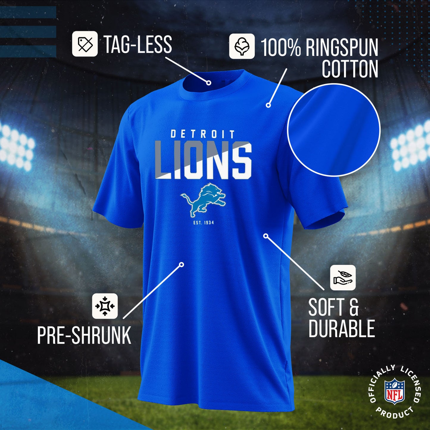 Detroit Lions Adult NFL Diagonal Fade Color Block T-Shirt - Royal