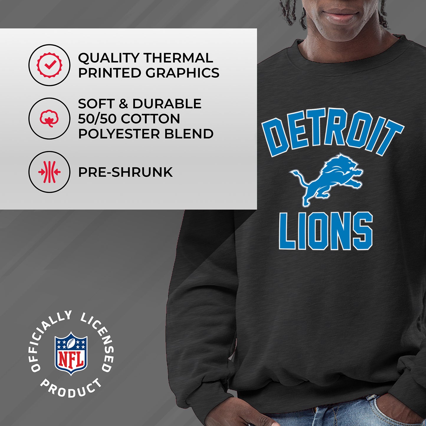 Detroit Lions NFL Gameday Adult Crewneck Sweatshirt - Heathered Charcoal