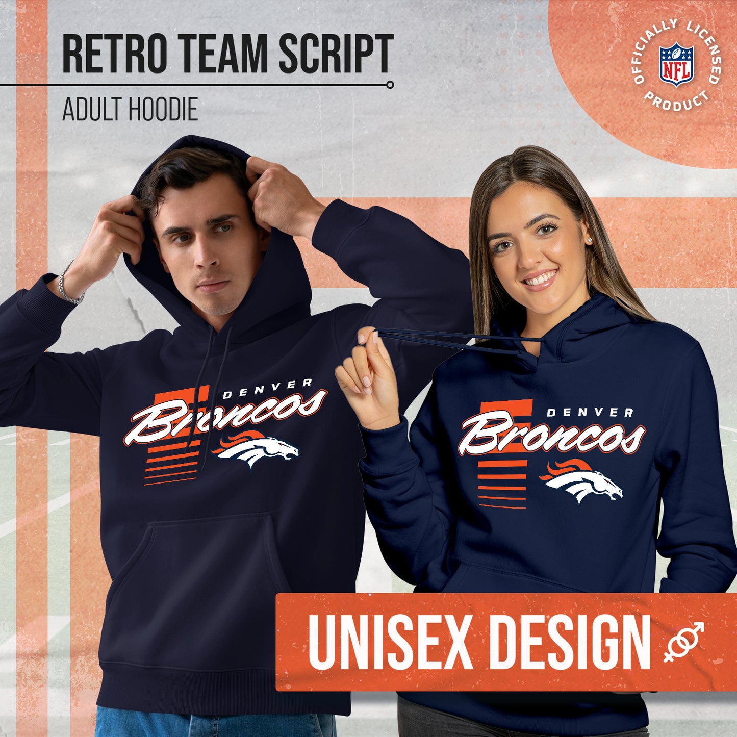 Denver Broncos NFL Adult Unisex Retro Script Ultra Soft Fleece Hooded Sweatshirt - Navy