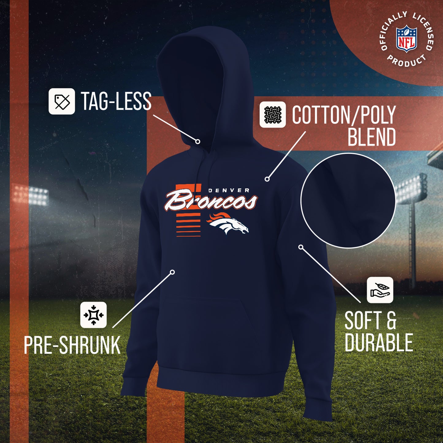 Denver Broncos NFL Adult Unisex Retro Script Ultra Soft Fleece Hooded Sweatshirt - Navy