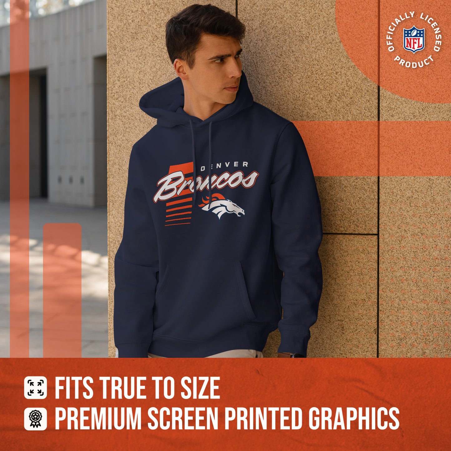 Denver Broncos NFL Adult Unisex Retro Script Ultra Soft Fleece Hooded Sweatshirt - Navy