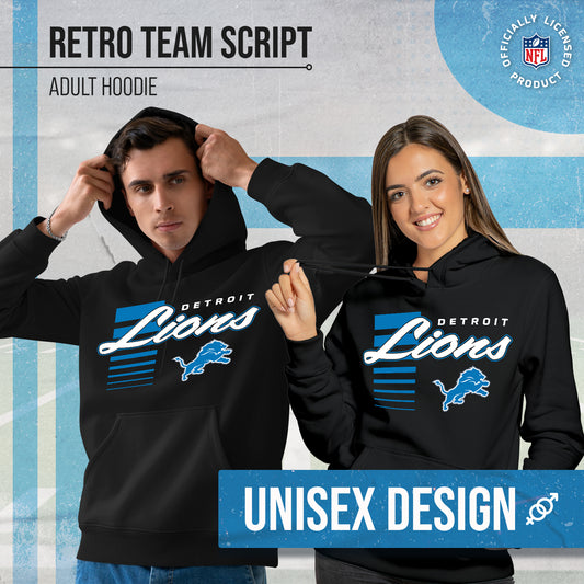 Detroit Lions NFL Adult Unisex Retro Script Ultra Soft Fleece Hooded Sweatshirt - Black