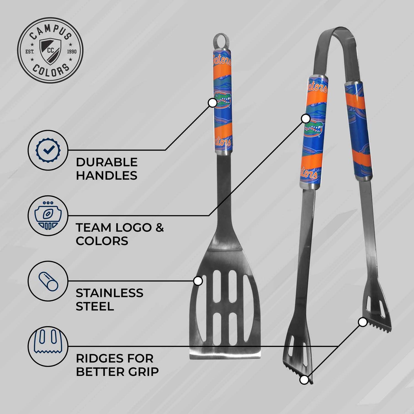 Florida Gators Collegiate University Two Piece Grilling Tools Set with 2 Magnet Chip Clips - Chrome