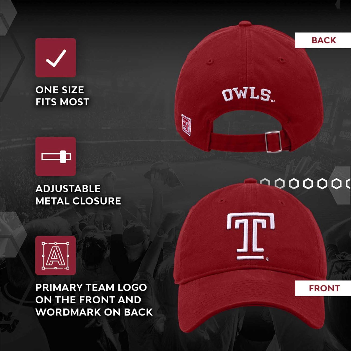 Temple Owls NCAA Adult Relaxed Fit Logo Hat - Cardinal