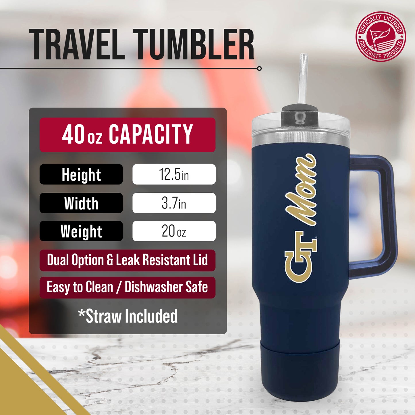 Georgia Tech Yellowjackets Collegiate 40oz Stainless Steel Travel Tumbler with Handle for Mom - Navy