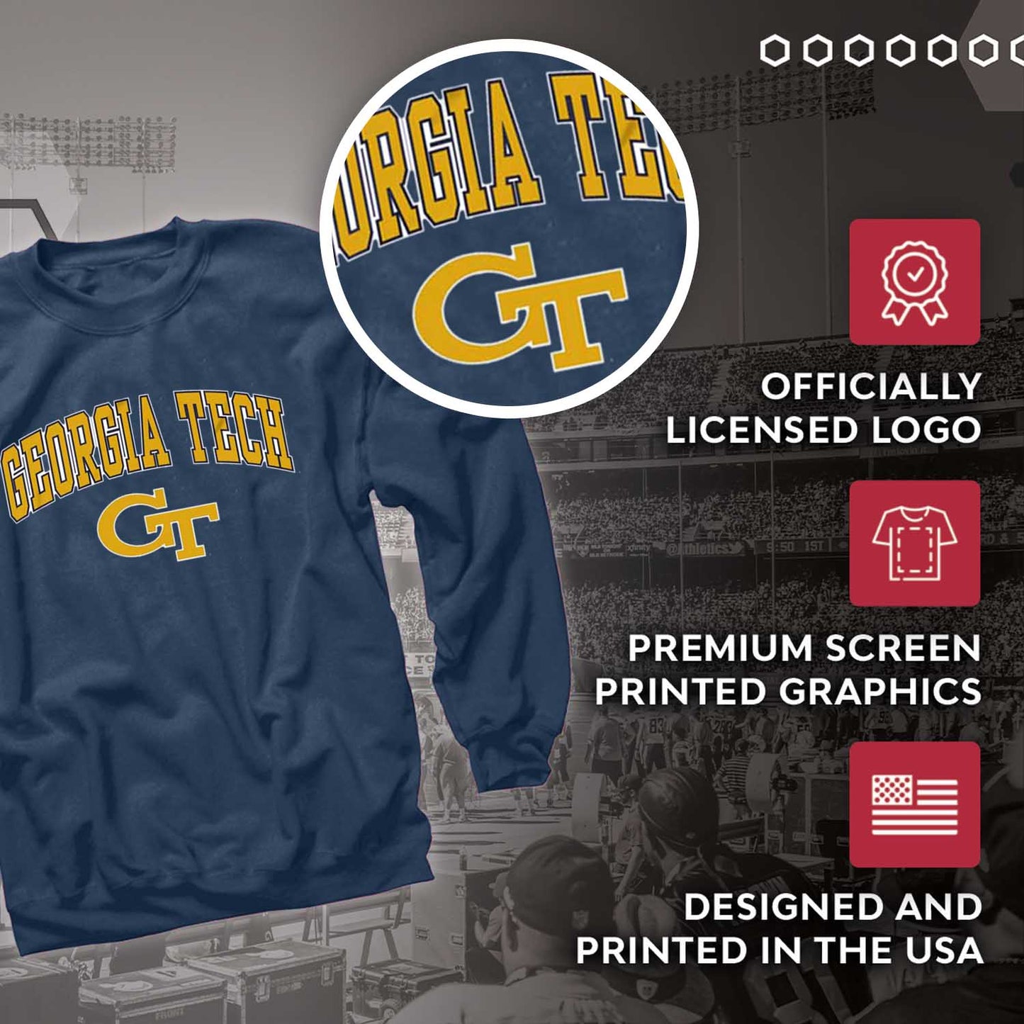 Georgia Tech Yellowjackets Adult Arch & Logo Soft Style Gameday Crewneck Sweatshirt - Navy