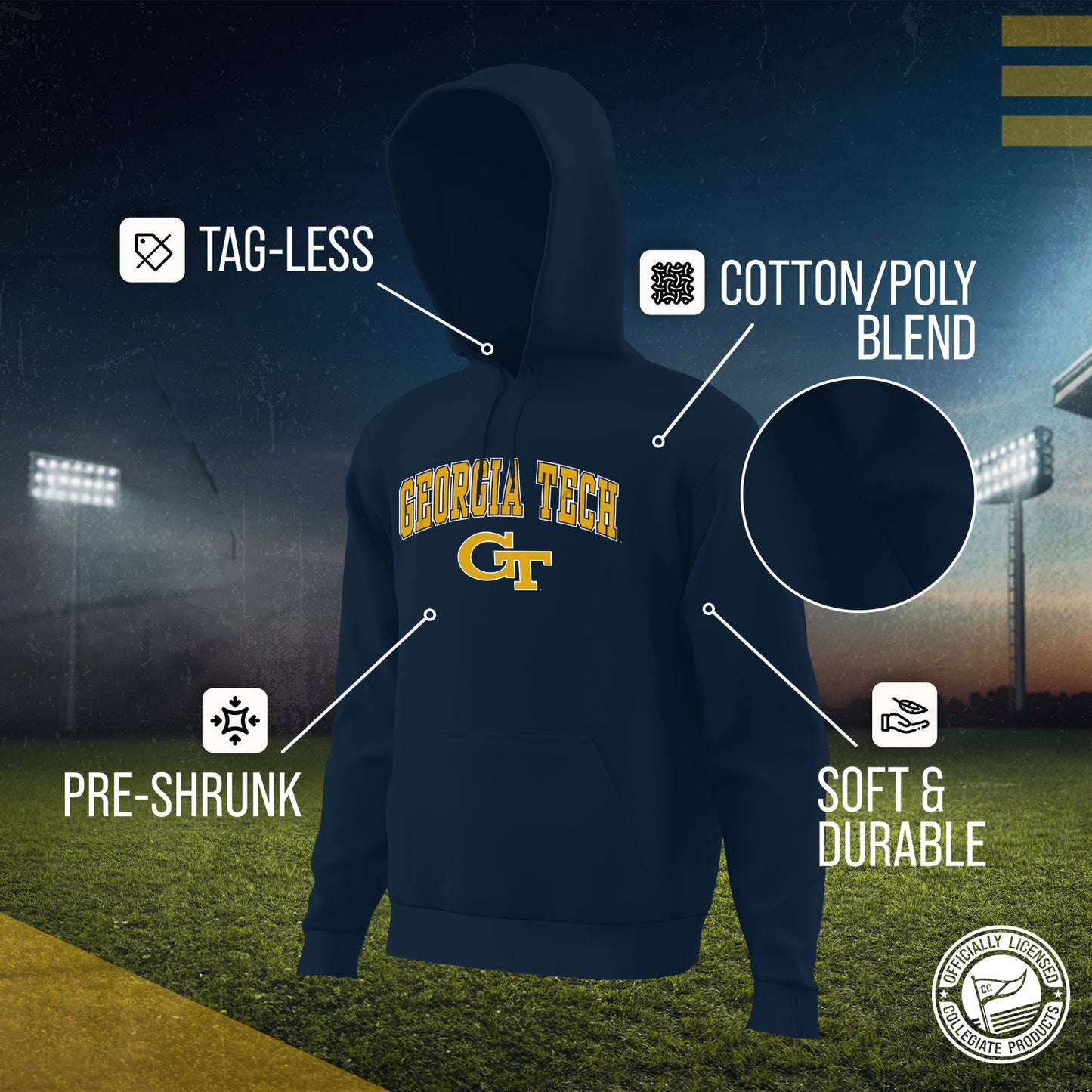 Georgia Tech Yellowjackets Adult Arch & Logo Soft Style Gameday Hooded Sweatshirt - Navy