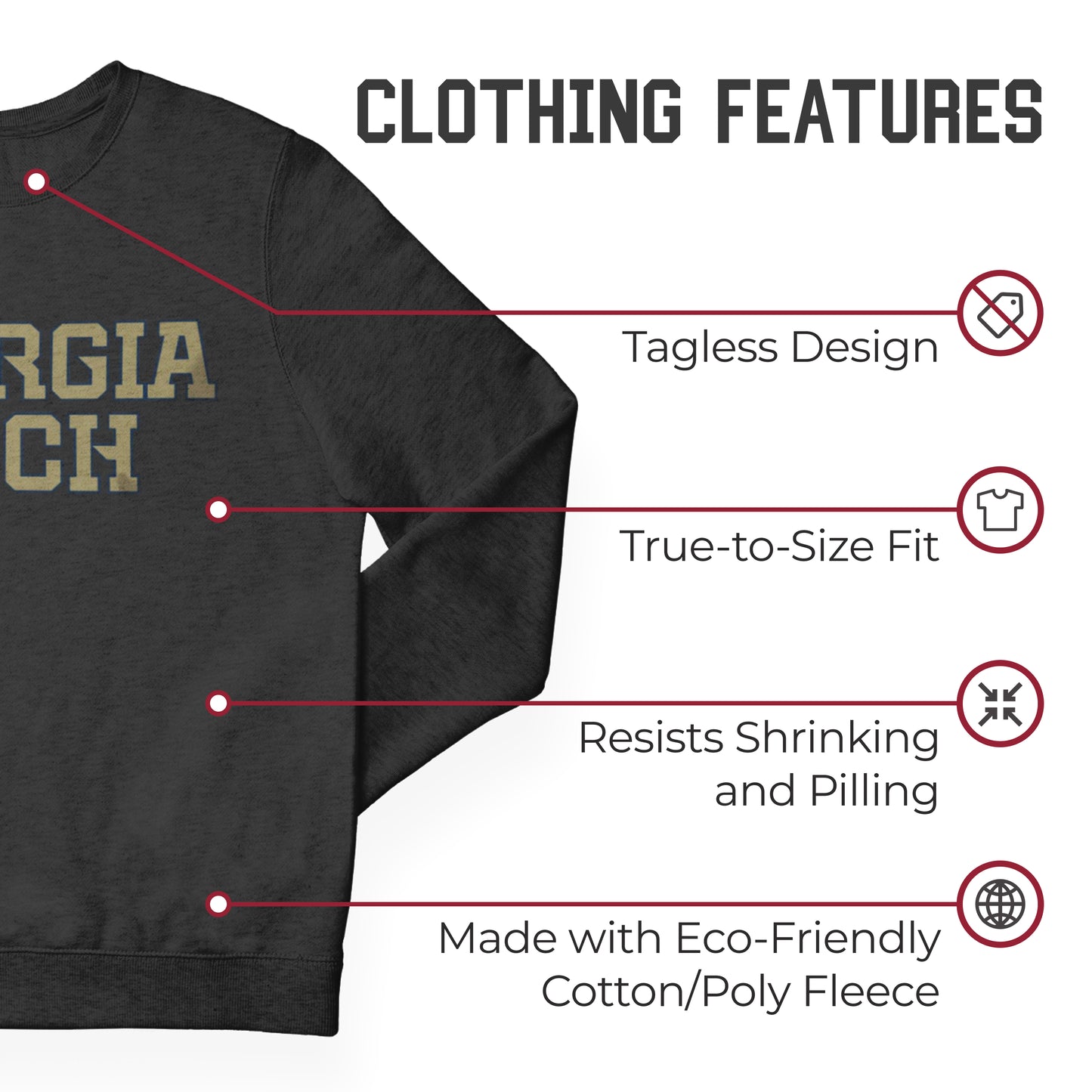 Georgia Tech Yellowjackets NCAA Adult Charcoal Crewneck Fleece Sweatshirt - Charcoal