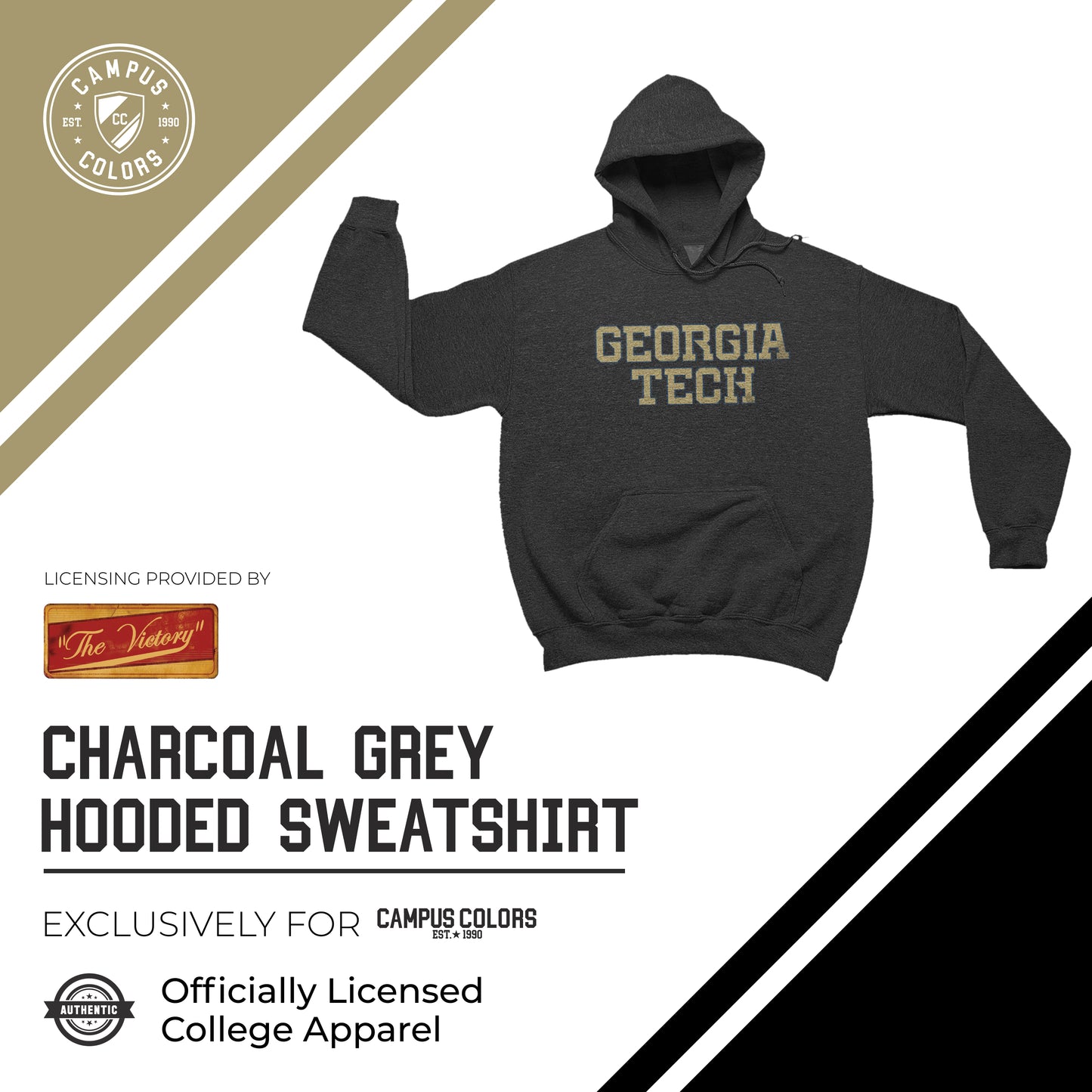 Georgia Tech Yellowjackets NCAA Adult Cotton Blend Charcoal Hooded Sweatshirt - Charcoal