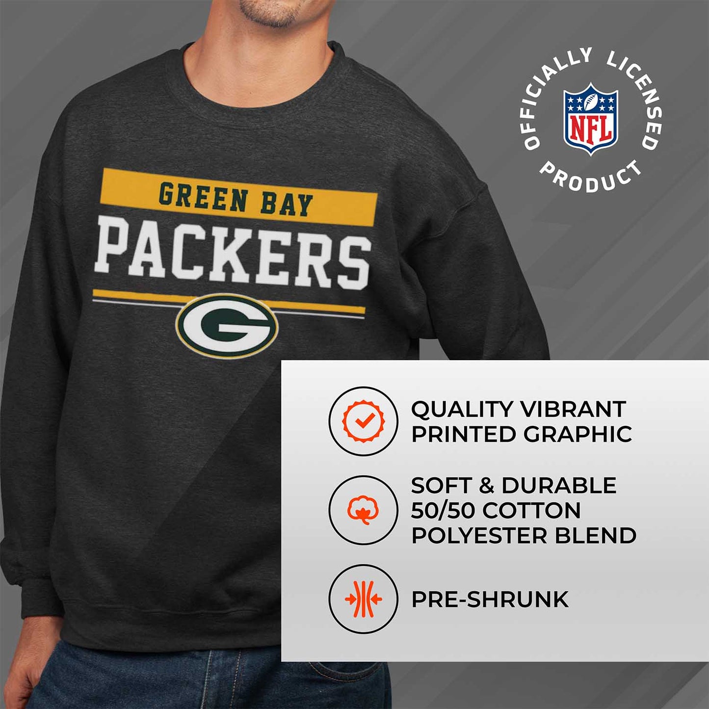 Green Bay Packers NFL Adult Long Sleeve Team Block Charcoal Crewneck Sweatshirt - Charcoal