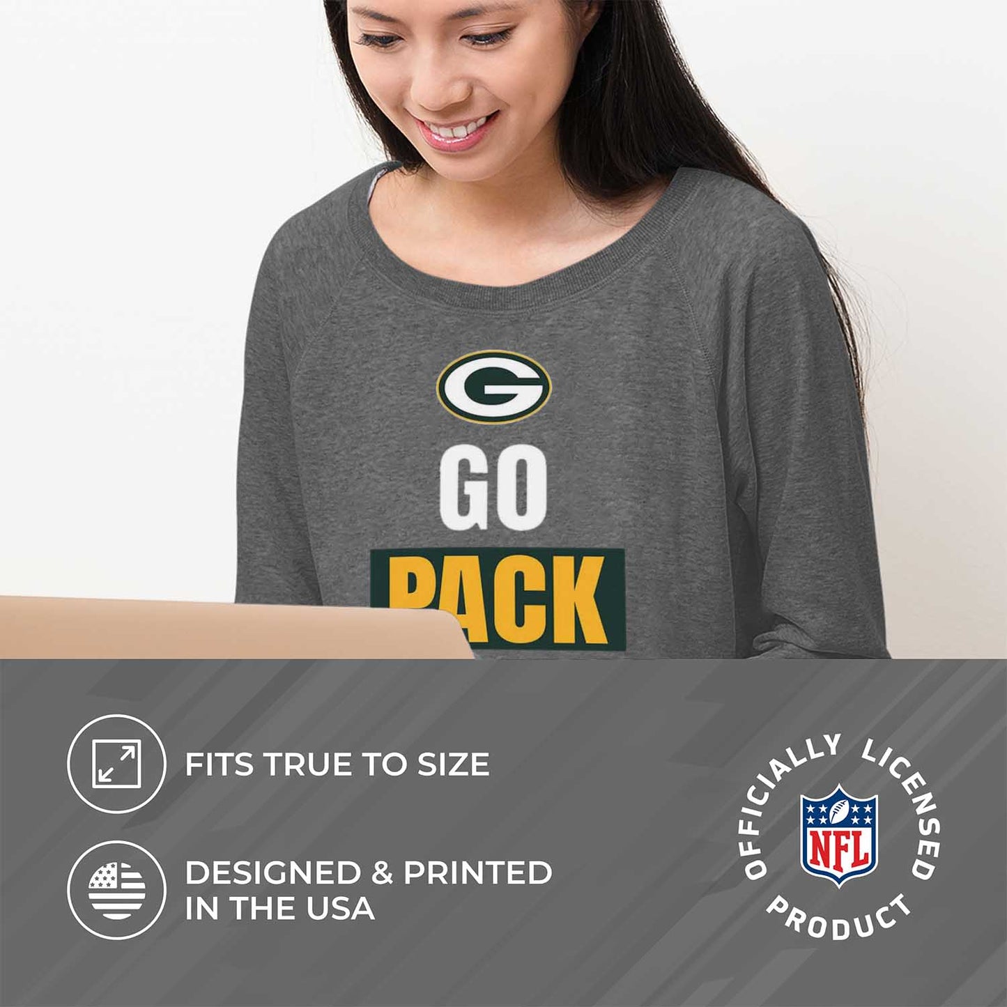 Green Bay Packers NFL Womens Team Slogan Crew Neck - Sport Gray