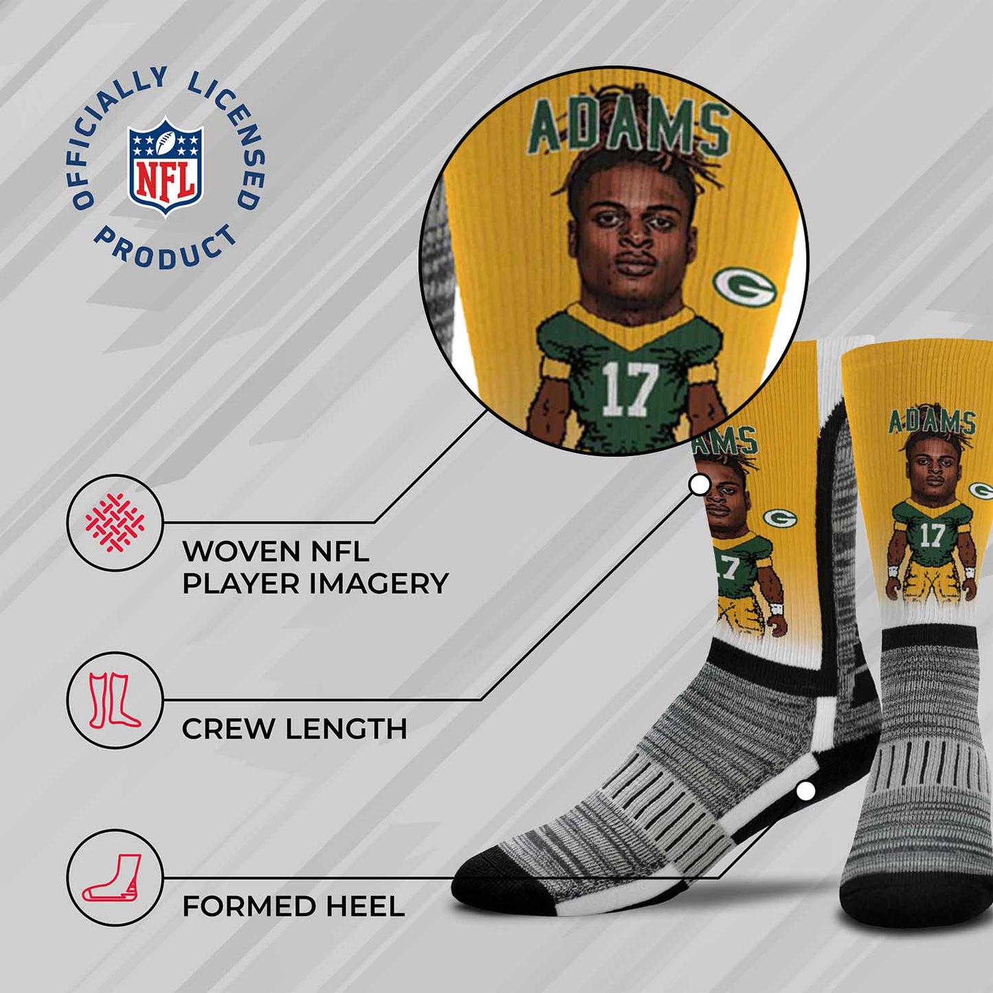 Green Bay Packers FBF NFL Adult V Curve MVP Player Crew Socks - Gold #17