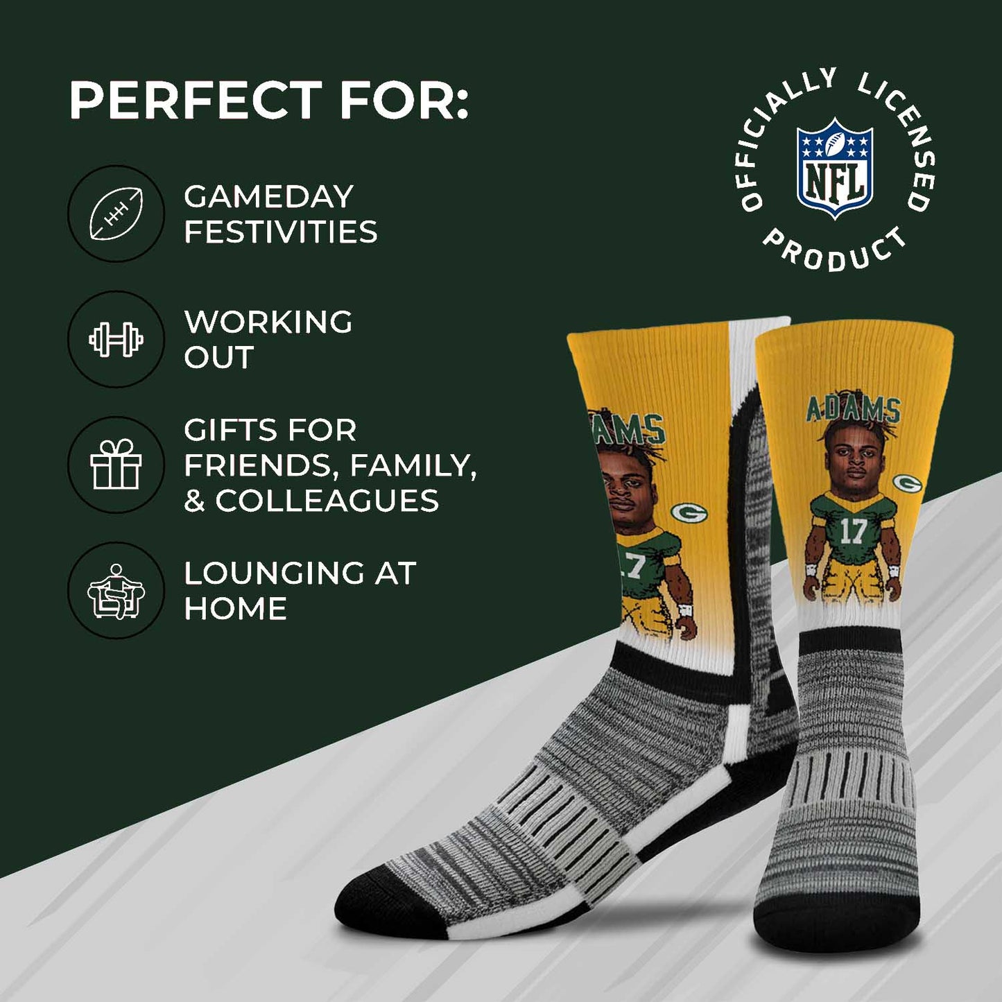 Green Bay Packers FBF NFL Adult V Curve MVP Player Crew Socks - Gold #17