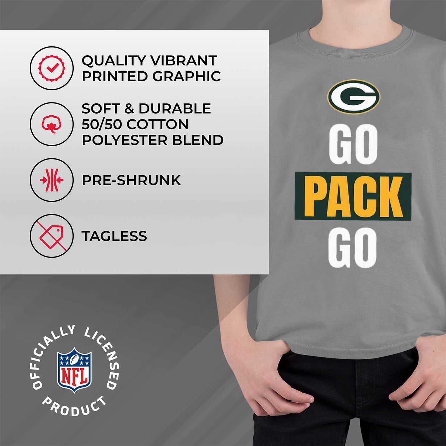 Green Bay Packers NFL Youth Team Slogan Short Sleeve Lightweight T Shirt - Gray