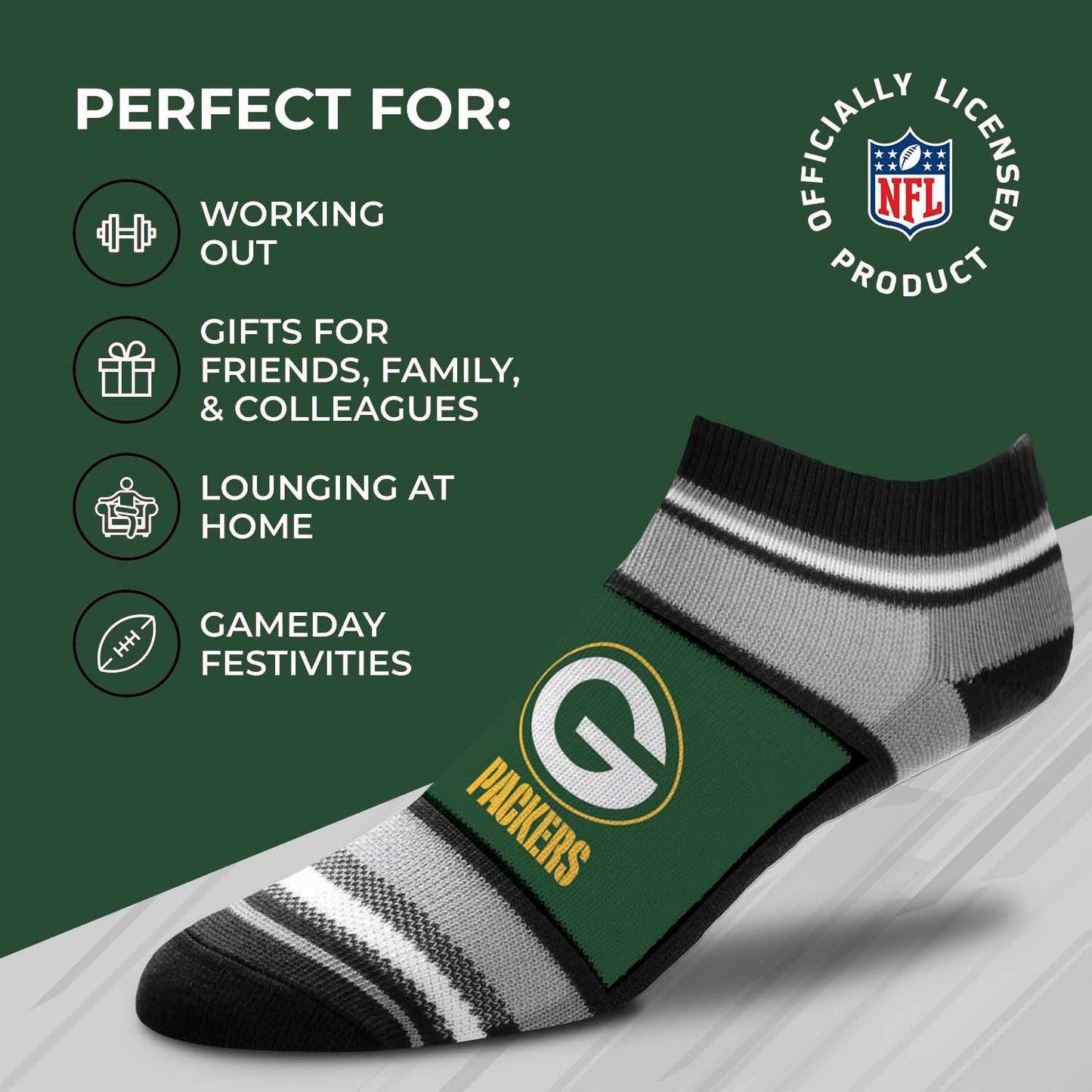 Green Bay Packers NFL Adult Marquis Addition No Show Socks - Green