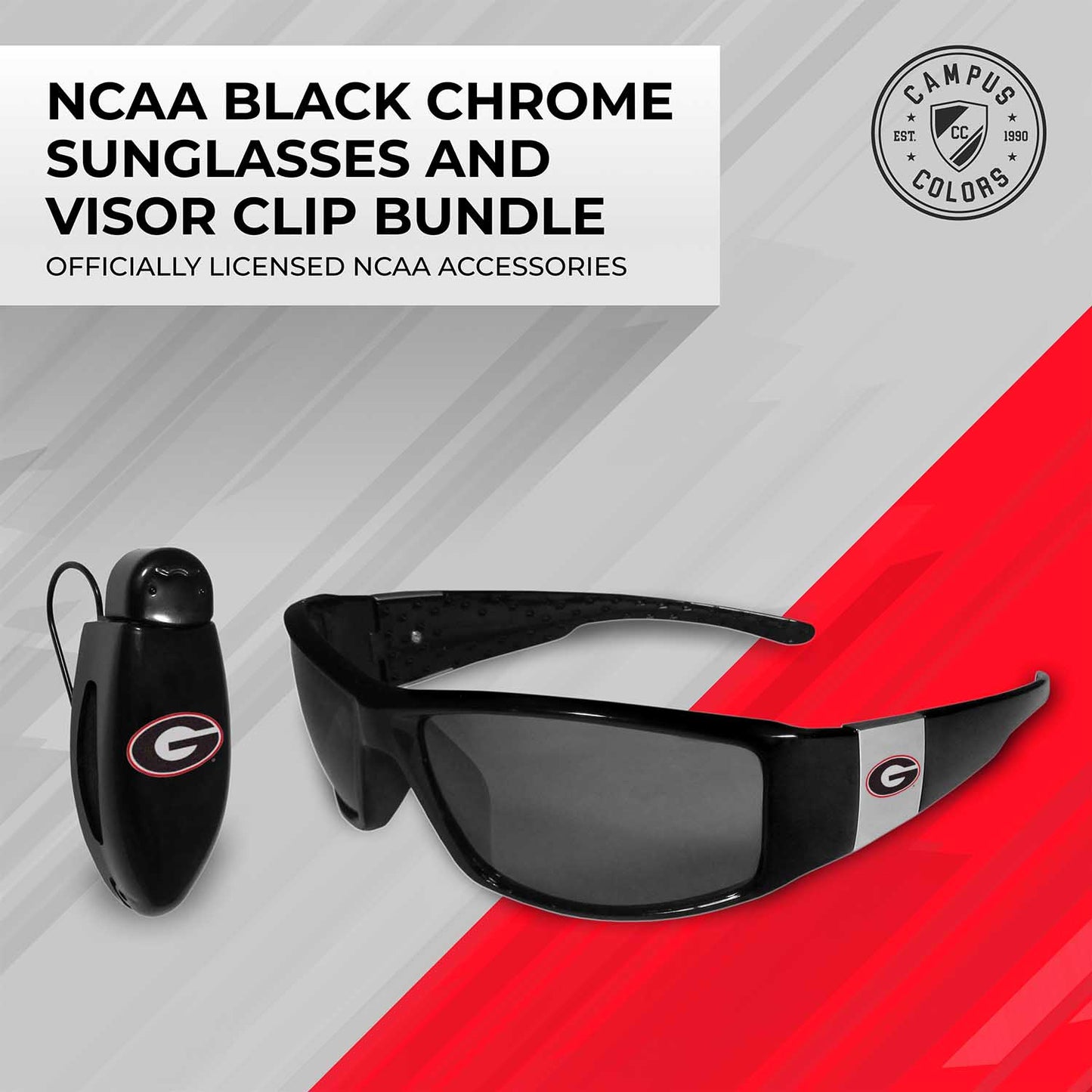 Georgia Bulldogs NCAA Black Chrome Sunglasses with Visor Clip Bundle - Black