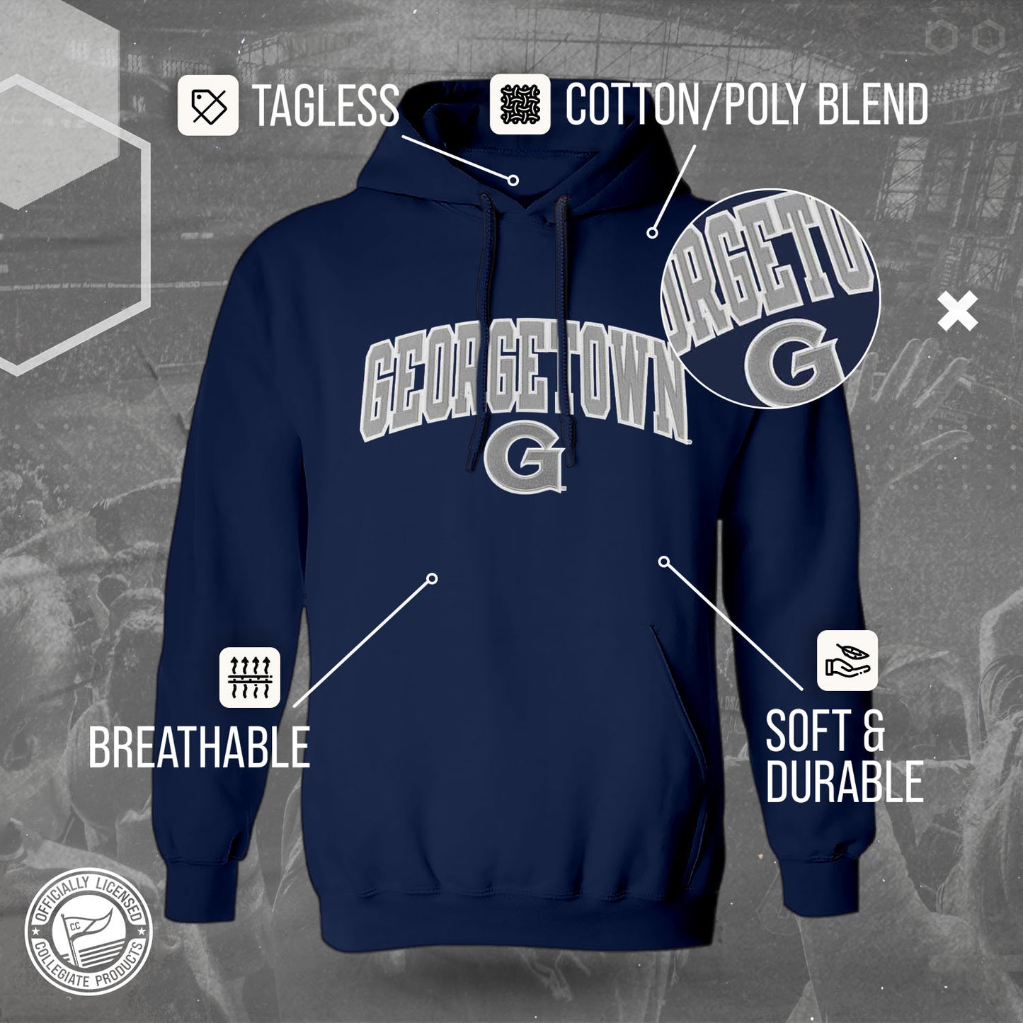 Georgetown Hoyas NCAA Adult Tackle Twill Hooded Sweatshirt - Navy