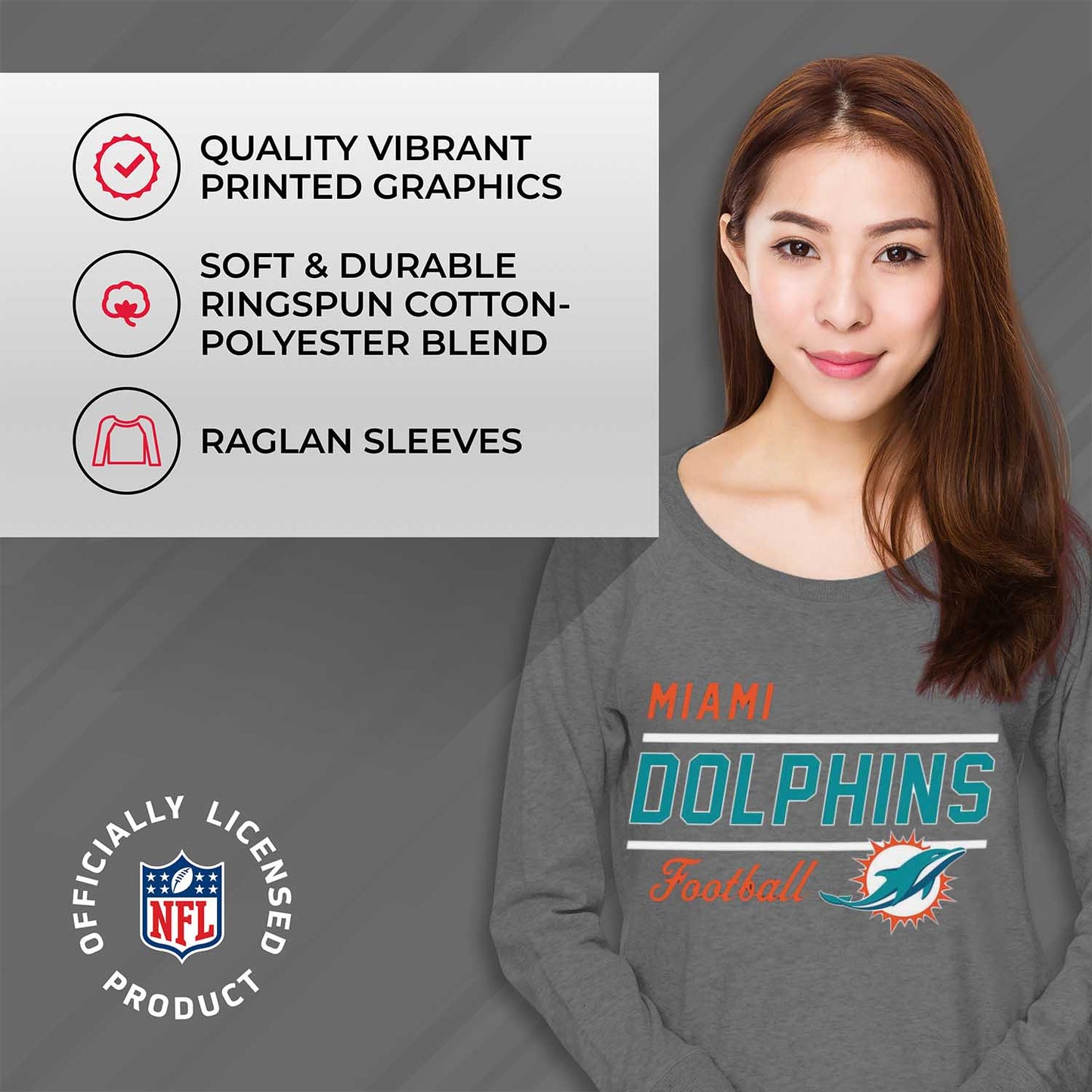 Miami Dolphins NFL Womens Crew Neck Light Weight - Sport Gray