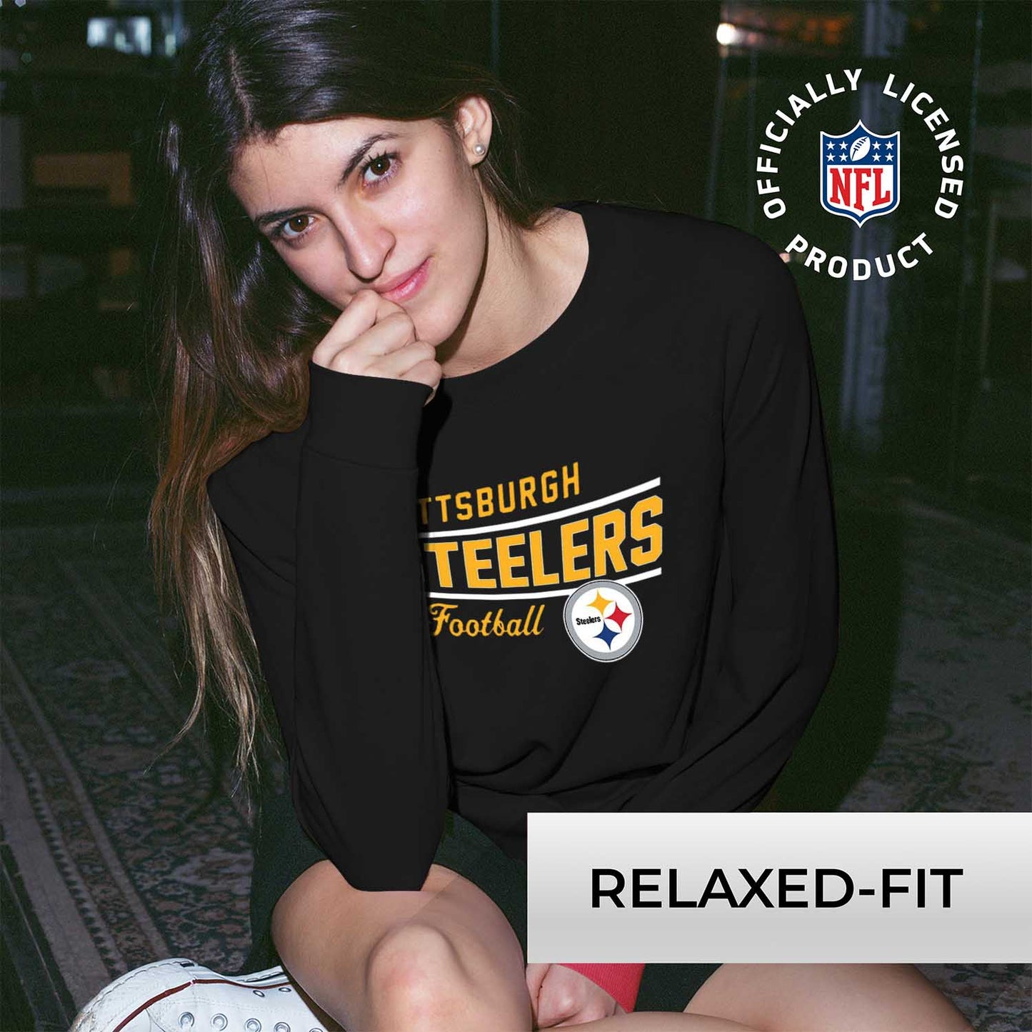 Pittsburgh Steelers NFL Womens Crew Neck Light Weight - Black